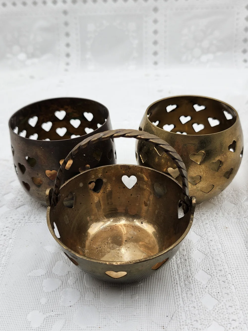 lot of 3  Solid Brass Heart Cut Out Votive Candle Holder Tea Light